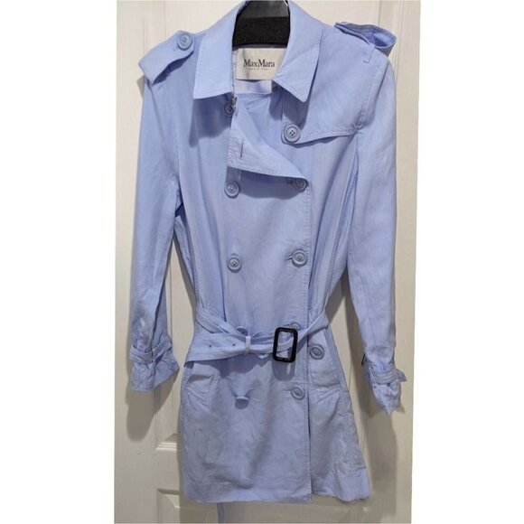 MaxMara | Mid-Length Linen Trench Coat in Baby Blue - Picture 1 of 10